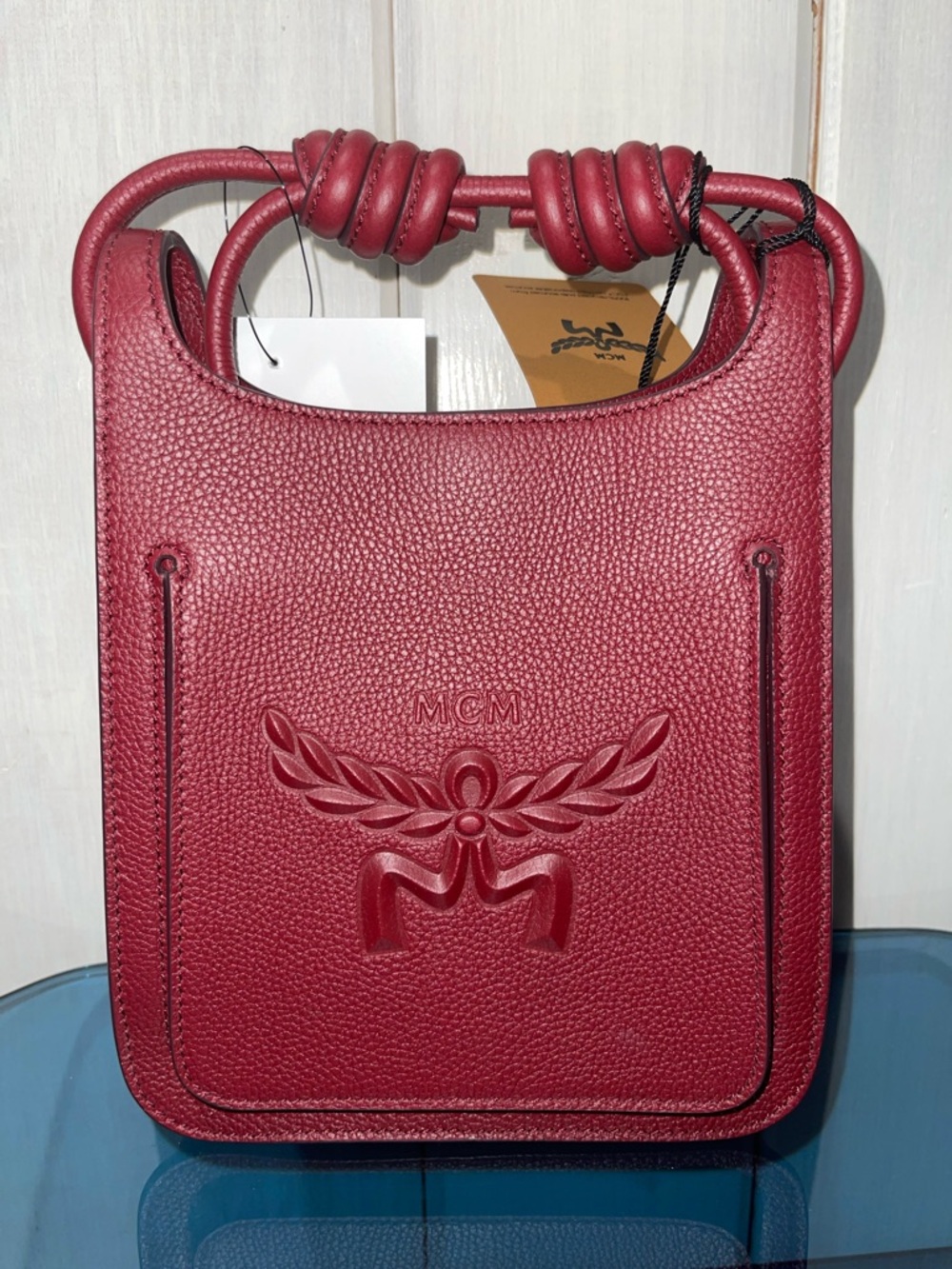 MCM Leather Mini Debossed Logo Himmel Hobo Bag Red Burgundy NWT full inclusion